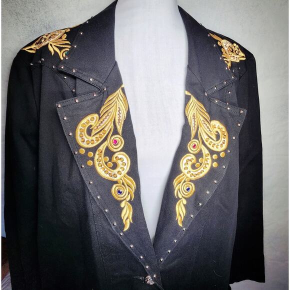 Vintage JenJen Darian 1980s Denim Blazer Jacket Gold Jewels Embroidery Studs 2X - Picture 3 of 15